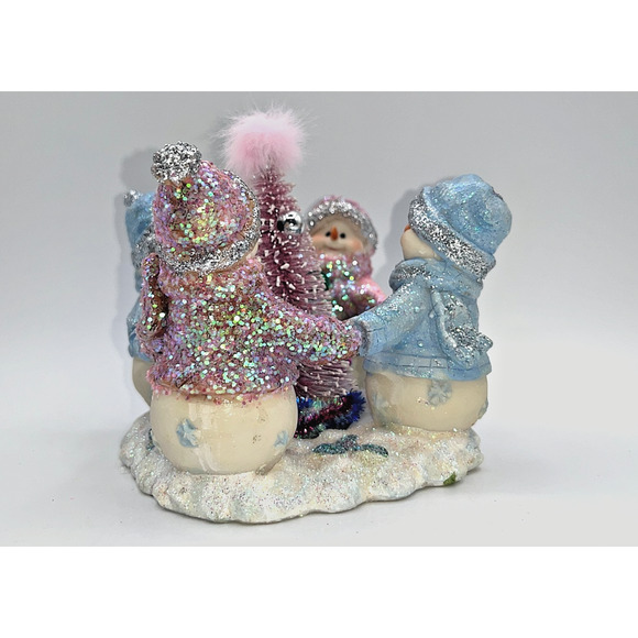 Vintage Four Pastel Pink Blue Snowmen & Pink Bottle Brush Tree Faux Fur OMG OOAK - Picture 2 of 16